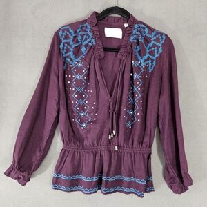 Piper by Townsen Womens Plum Embellished Peasant Top Size XS Boho Deep Vneck